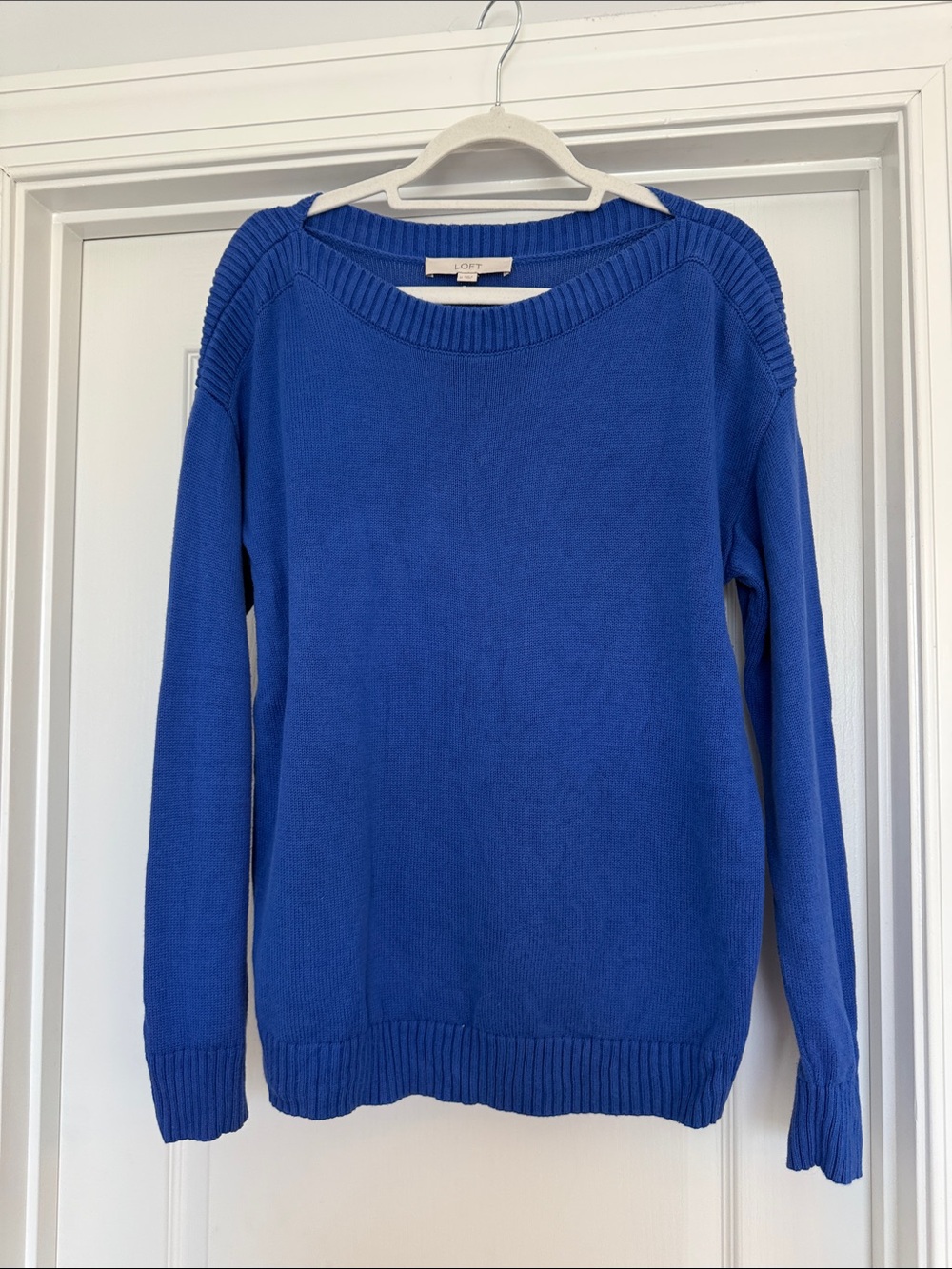 LOFT Womens Scoop Neck Knit Sweater Size Medium Cobalt Blue 100% Cotton Classic